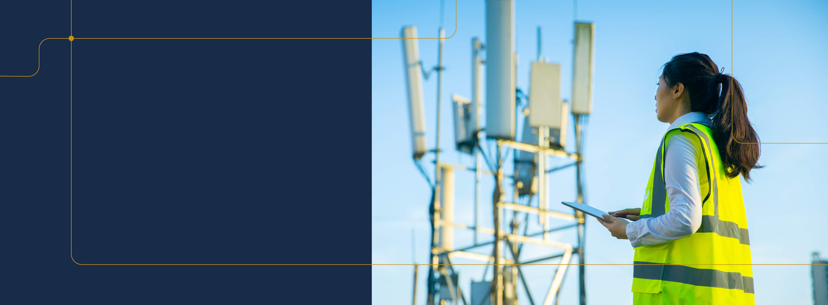 Woman looking off into the distance with a 5G tower in the background
